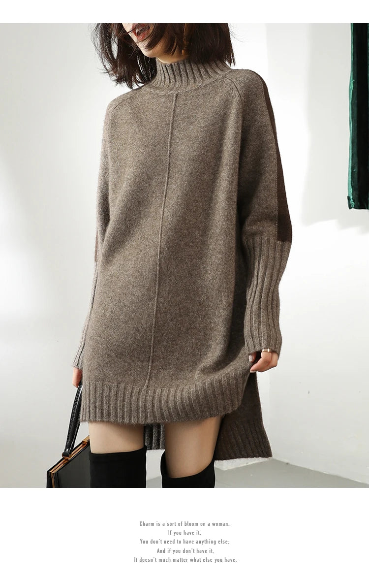 Women Autumn Winter Sweater Knitted Dresses Women Fashion Turtleneck Long Sweater Dress Ladies Warm Split Sweater Dress