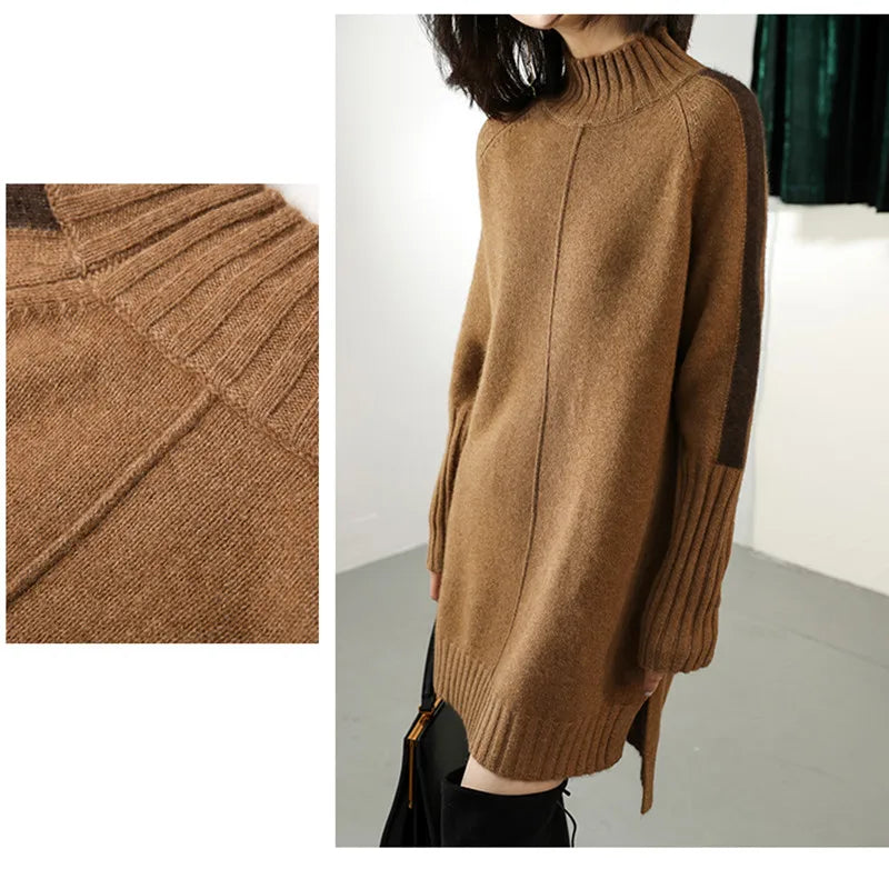 Women Autumn Winter Sweater Knitted Dresses Women Fashion Turtleneck Long Sweater Dress Ladies Warm Split Sweater Dress