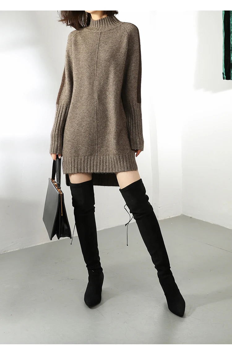 Women Autumn Winter Sweater Knitted Dresses Women Fashion Turtleneck Long Sweater Dress Ladies Warm Split Sweater Dress