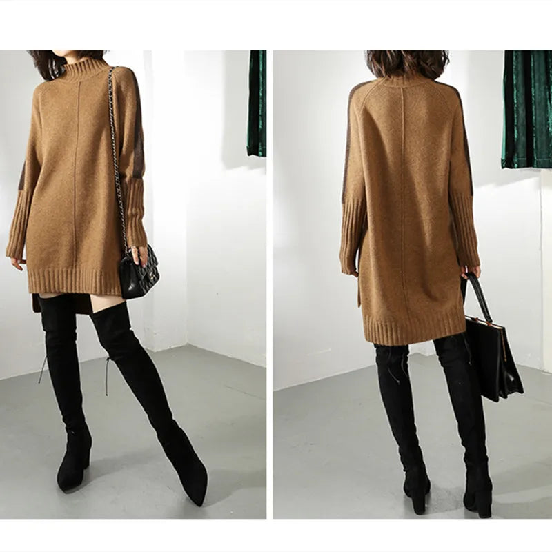 Women Autumn Winter Sweater Knitted Dresses Women Fashion Turtleneck Long Sweater Dress Ladies Warm Split Sweater Dress