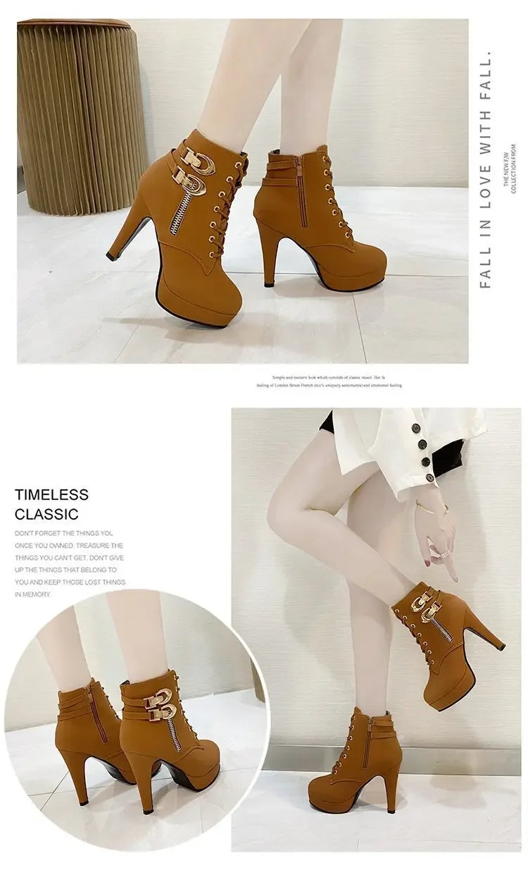 2025 New Women's High Heels, Stiletto Heels, Ankle Boots, Fashion Lace Up Side Zipper Boots, Women's Solid Color Short Boots