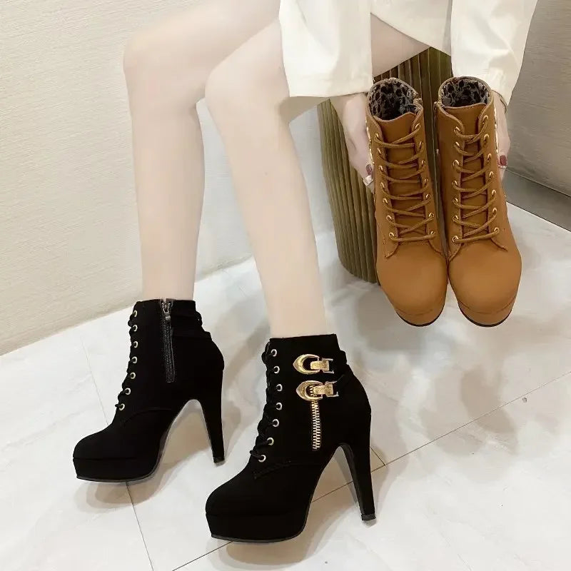 2025 New Women's High Heels, Stiletto Heels, Ankle Boots, Fashion Lace Up Side Zipper Boots, Women's Solid Color Short Boots