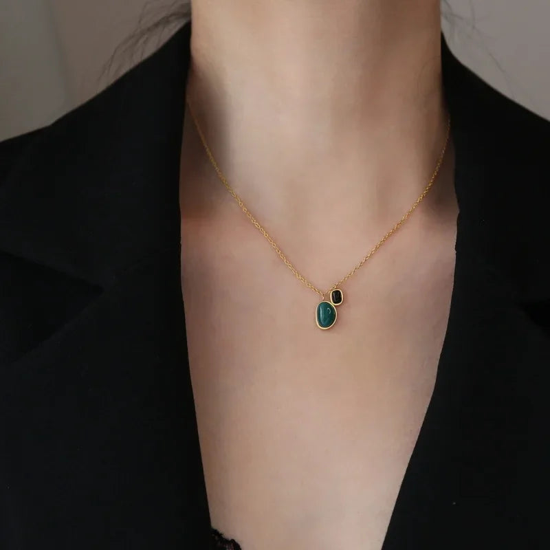 Charm Green Agate Stone Pendant Necklace for Women Retro Gold Color Stainless Steel Emerald Collar Jewelry Accessories Colorfast