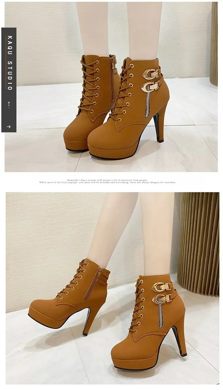 2025 New Women's High Heels, Stiletto Heels, Ankle Boots, Fashion Lace Up Side Zipper Boots, Women's Solid Color Short Boots