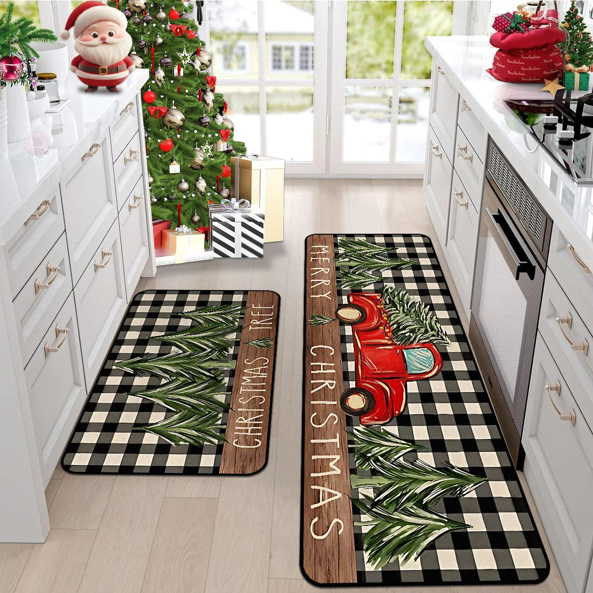 Kitchen Floor Mat Long Rug Christmas Themed Carpet Pickup Truck Tree Print Home Decor Anti-slip Foot Mats Wear-resistant 주방바닥매트