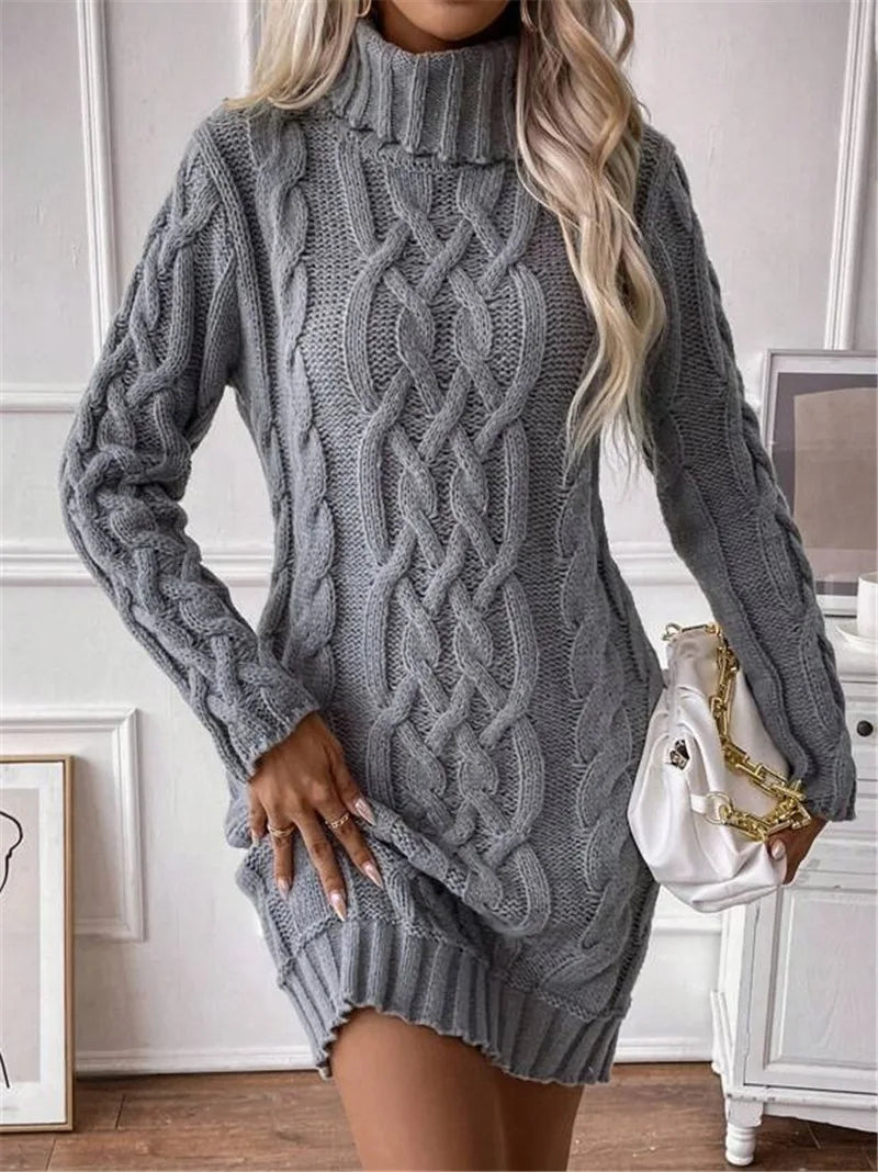 Women's Sweater Dress Autumn Winter New Slim Knit Dress Turtleneck Cable Pattern Long Sleeve Knitted Gown Dress