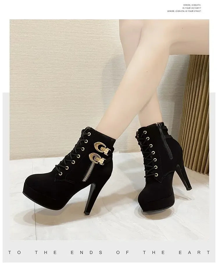 2025 New Women's High Heels, Stiletto Heels, Ankle Boots, Fashion Lace Up Side Zipper Boots, Women's Solid Color Short Boots