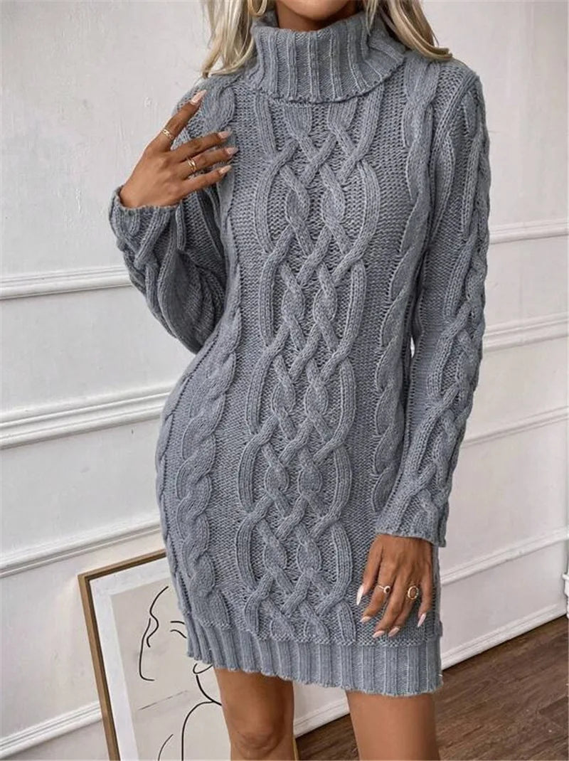 Women's Sweater Dress Autumn Winter New Slim Knit Dress Turtleneck Cable Pattern Long Sleeve Knitted Gown Dress