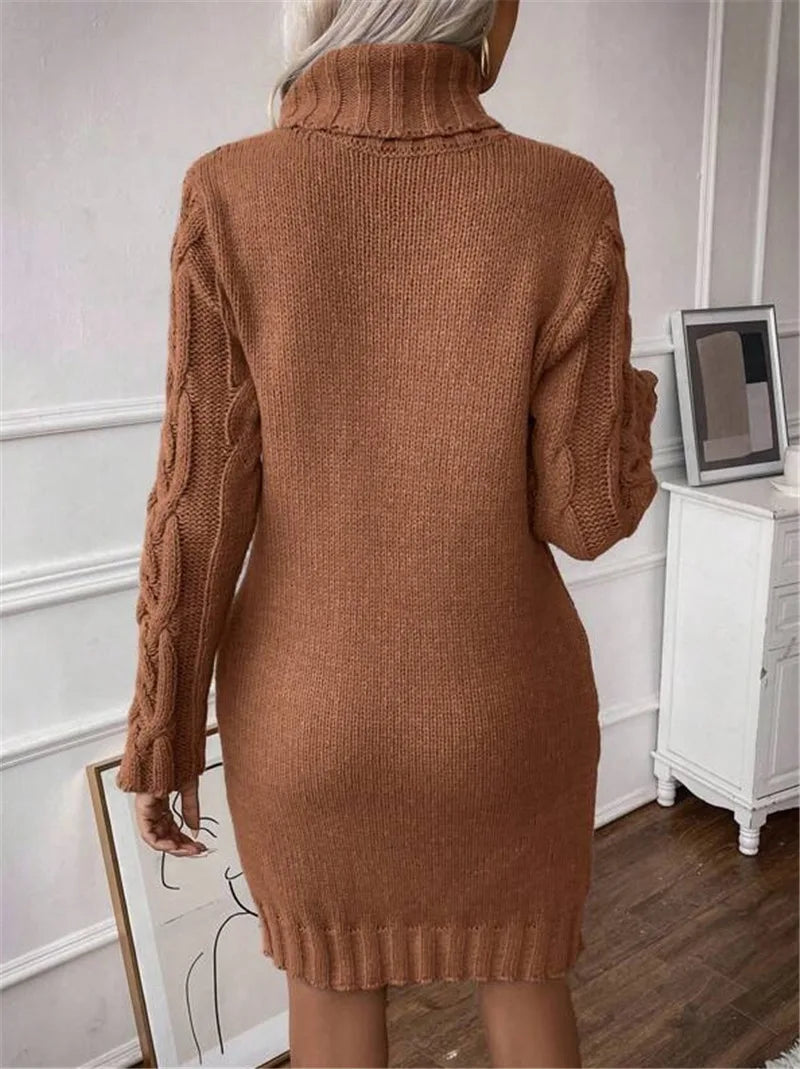 Women's Sweater Dress Autumn Winter New Slim Knit Dress Turtleneck Cable Pattern Long Sleeve Knitted Gown Dress