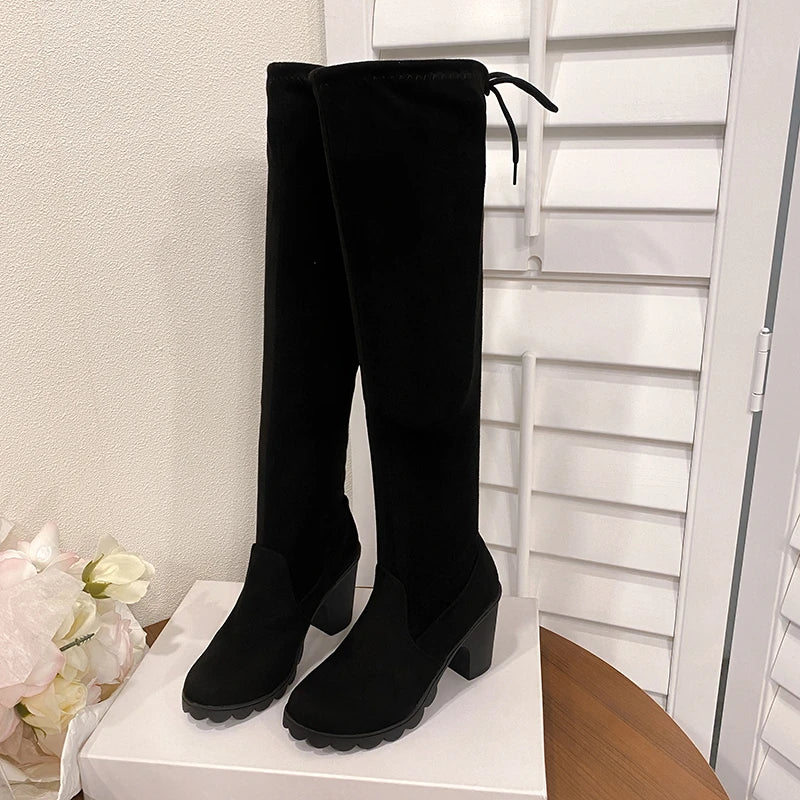 Women Boots Winter Black Over The Knee Boots 2025 New Comfort Lace Up Chunky High Heels Shoes Fashion Warm Round Toe Boots