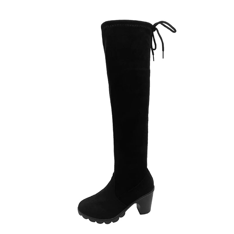 Women Boots Winter Black Over The Knee Boots 2025 New Comfort Lace Up Chunky High Heels Shoes Fashion Warm Round Toe Boots