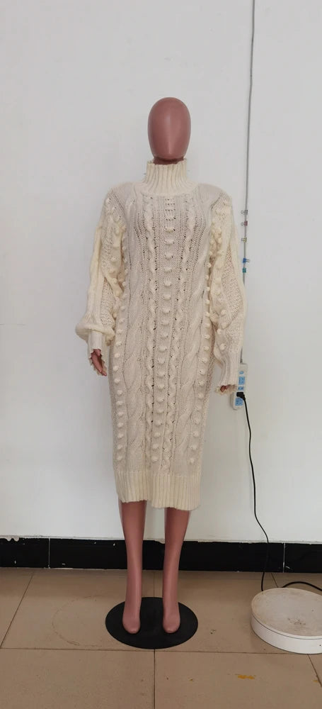 Womens Knitted Dresses High Neck Long Sleeve Sweater Dress with Split Ladies Vintage Knit Midi Dress Casual Fashion Winter