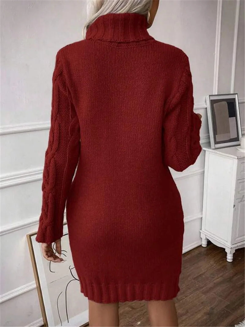 Women's Sweater Dress Autumn Winter New Slim Knit Dress Turtleneck Cable Pattern Long Sleeve Knitted Gown Dress