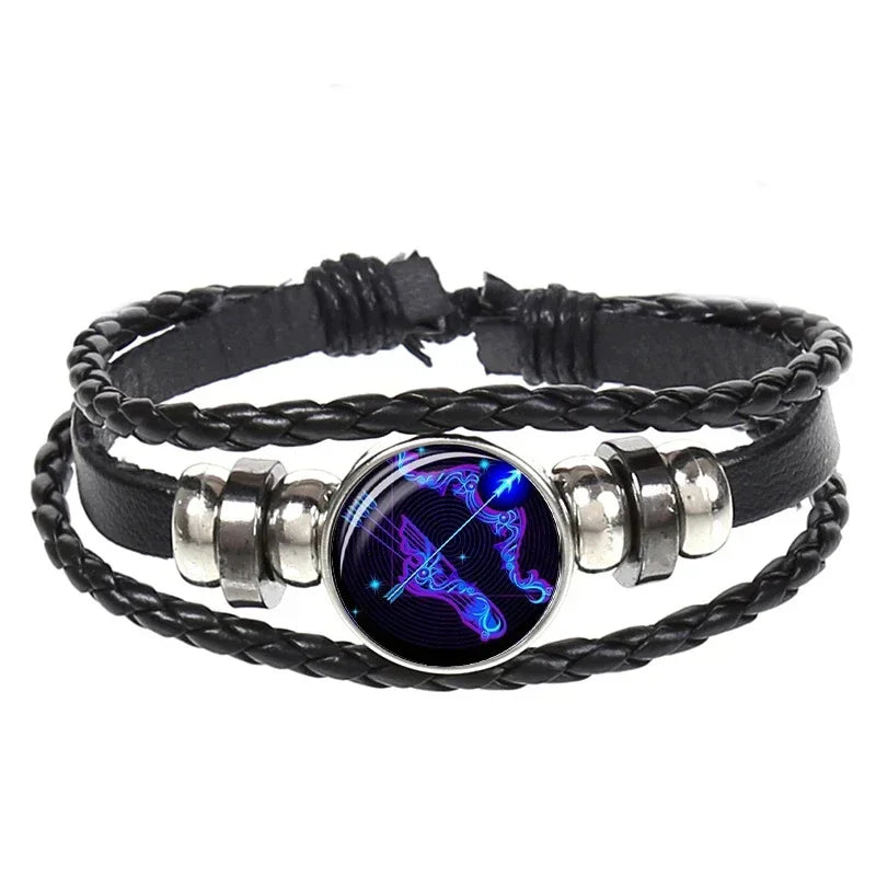 12 Constellation Zodiac Sign Black Braided Leather Bracelet Cancer Leo Virgo Libra Woven Glass Dome Jewelry Punk Men Bracelet