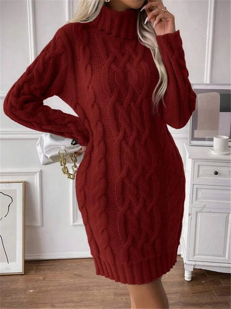 Women's Sweater Dress Autumn Winter New Slim Knit Dress Turtleneck Cable Pattern Long Sleeve Knitted Gown Dress
