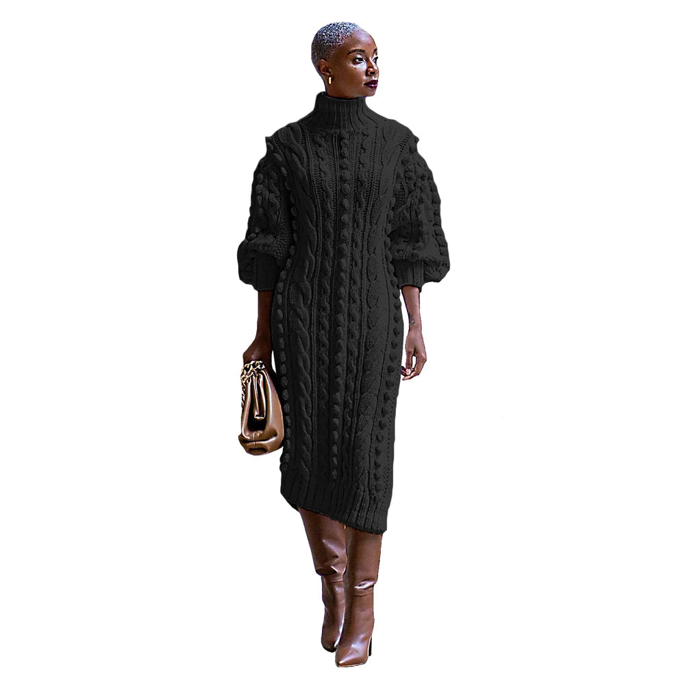 Womens Knitted Dresses High Neck Long Sleeve Sweater Dress with Split Ladies Vintage Knit Midi Dress Casual Fashion Winter