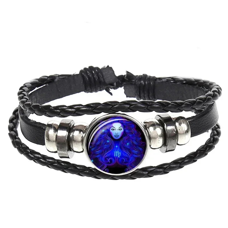 12 Constellation Zodiac Sign Black Braided Leather Bracelet Cancer Leo Virgo Libra Woven Glass Dome Jewelry Punk Men Bracelet