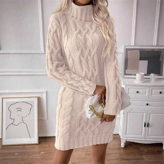 Women's Sweater Dress Autumn Winter New Slim Knit Dress Turtleneck Cable Pattern Long Sleeve Knitted Gown Dress