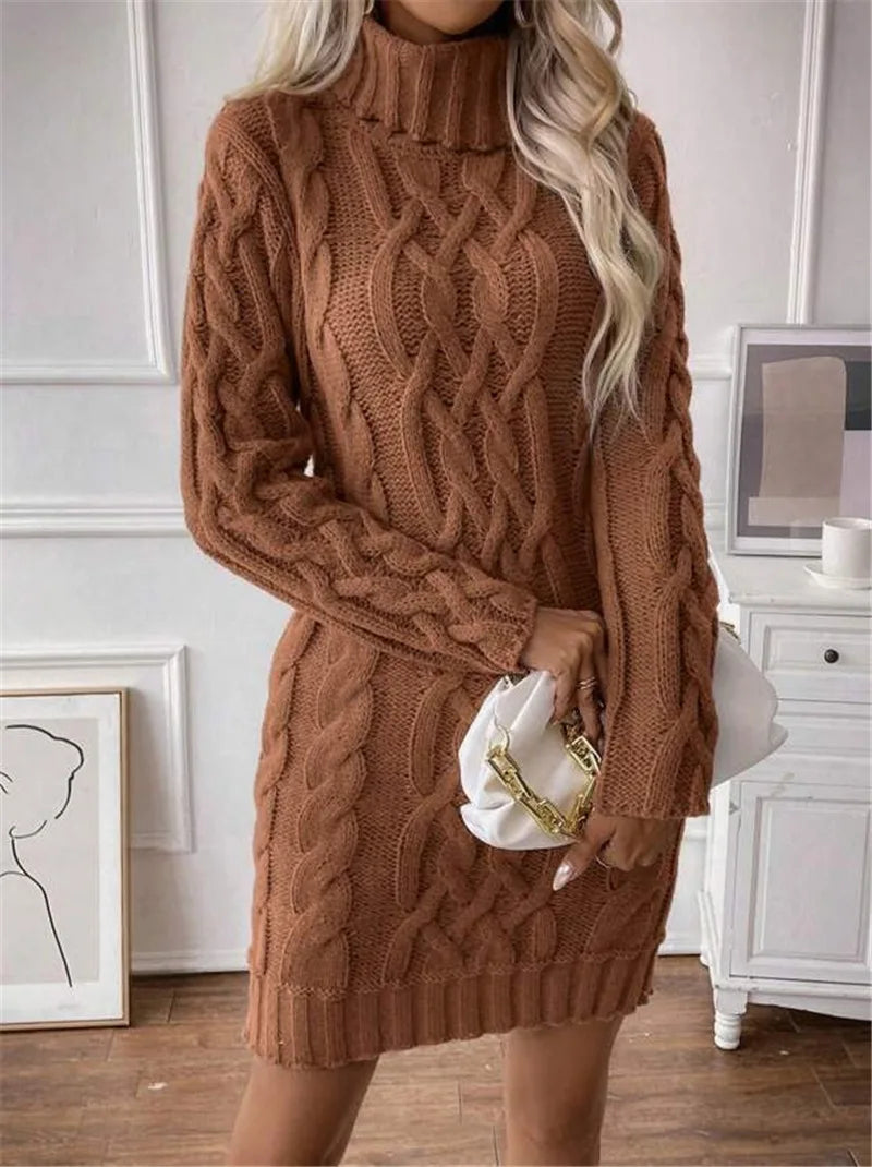 Women's Sweater Dress Autumn Winter New Slim Knit Dress Turtleneck Cable Pattern Long Sleeve Knitted Gown Dress