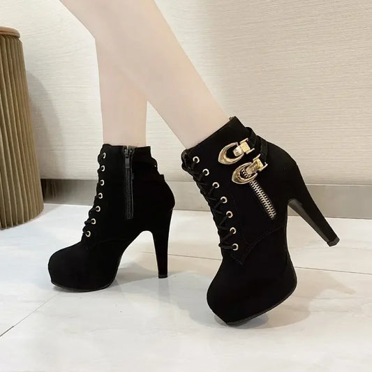 2025 New Women's High Heels, Stiletto Heels, Ankle Boots, Fashion Lace Up Side Zipper Boots, Women's Solid Color Short Boots