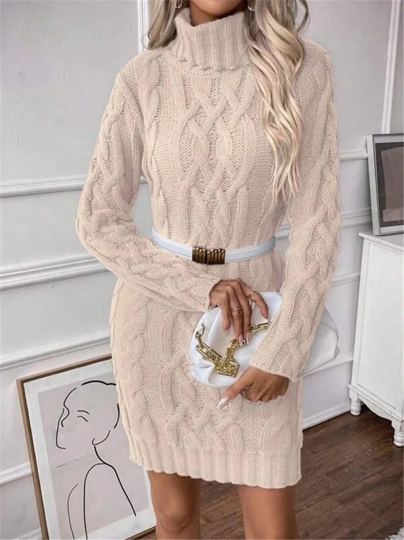 Women's Sweater Dress Autumn Winter New Slim Knit Dress Turtleneck Cable Pattern Long Sleeve Knitted Gown Dress
