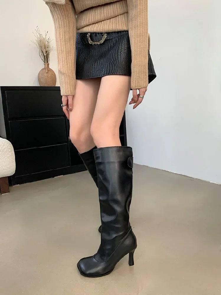 Aneikeh 2026 Autumn Winter High Heels Round Toe High Heels Ladies Long Booties Fashion Cosy PU Leather Style Cowboy Boots Women