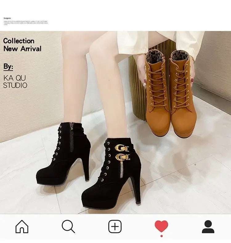 2025 New Women's High Heels, Stiletto Heels, Ankle Boots, Fashion Lace Up Side Zipper Boots, Women's Solid Color Short Boots