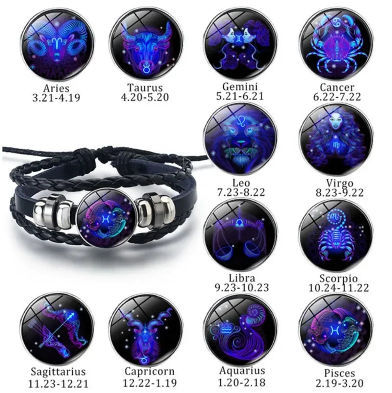 12 Constellation Zodiac Sign Black Braided Leather Bracelet Cancer Leo Virgo Libra Woven Glass Dome Jewelry Punk Men Bracelet