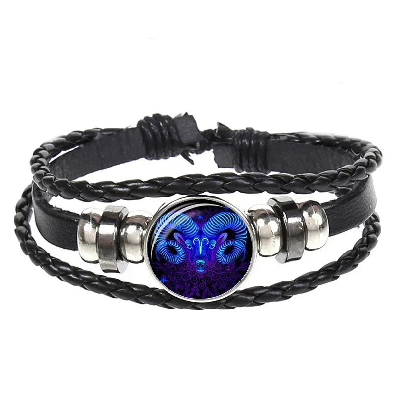 12 Constellation Zodiac Sign Black Braided Leather Bracelet Cancer Leo Virgo Libra Woven Glass Dome Jewelry Punk Men Bracelet