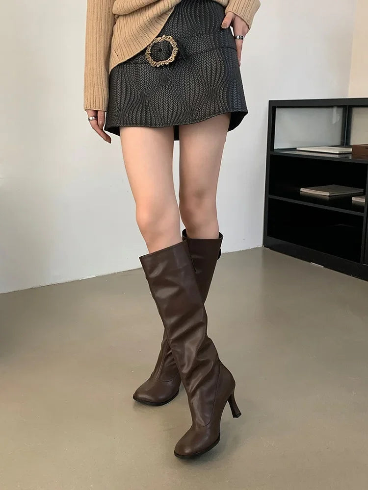 Aneikeh 2026 Autumn Winter High Heels Round Toe High Heels Ladies Long Booties Fashion Cosy PU Leather Style Cowboy Boots Women