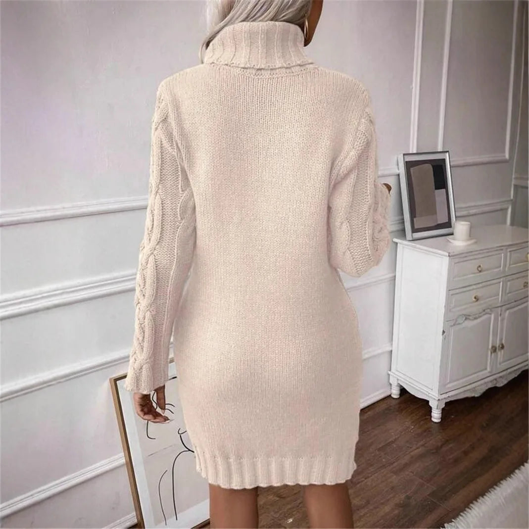Women's Sweater Dress Autumn Winter New Slim Knit Dress Turtleneck Cable Pattern Long Sleeve Knitted Gown Dress