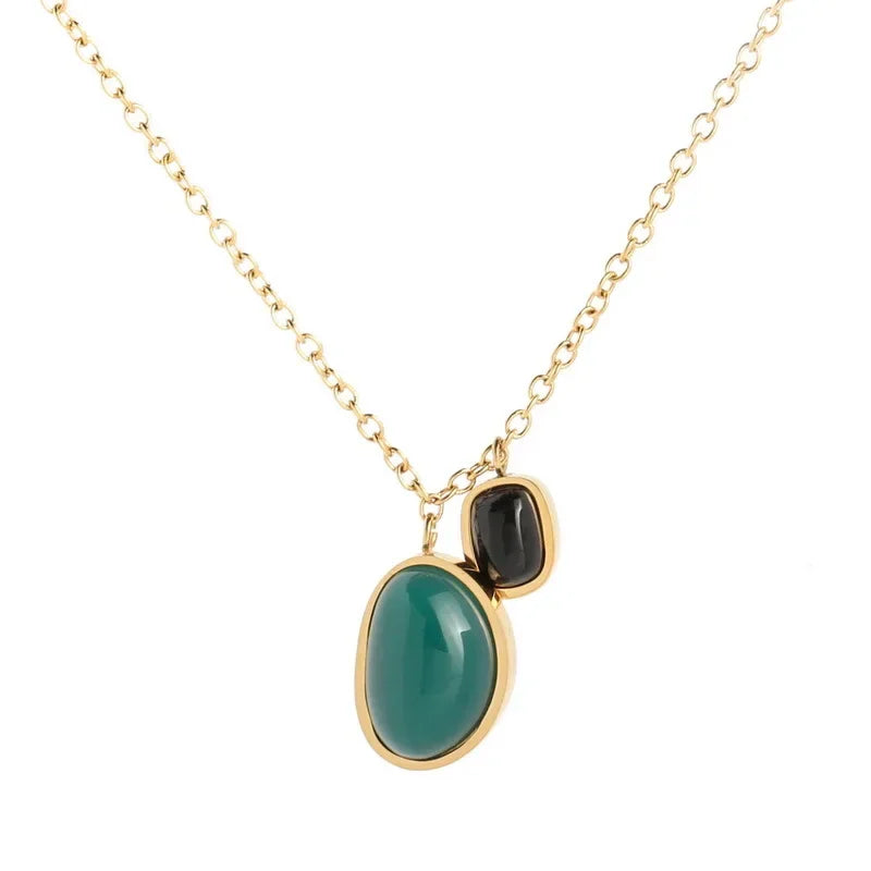 Charm Green Agate Stone Pendant Necklace for Women Retro Gold Color Stainless Steel Emerald Collar Jewelry Accessories Colorfast