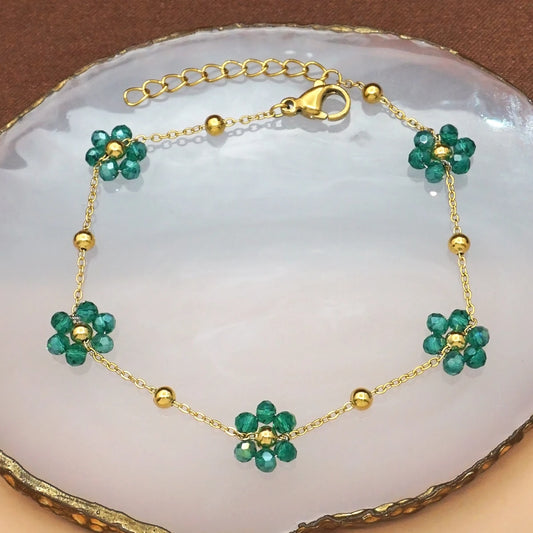 Women's Emerald Green Floral Charm Bracelet - Gift for Her Birthday Christmas Valentine's Halloween Back to School