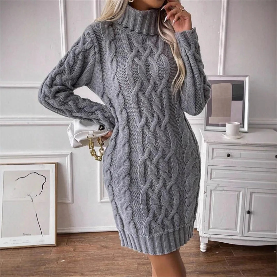 Women's Sweater Dress Autumn Winter New Slim Knit Dress Turtleneck Cable Pattern Long Sleeve Knitted Gown Dress