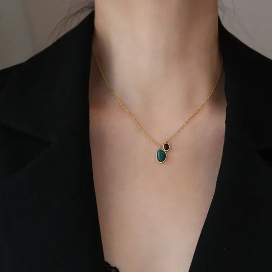 Charm Green Agate Stone Pendant Necklace for Women Retro Gold Color Stainless Steel Emerald Collar Jewelry Accessories Colorfast