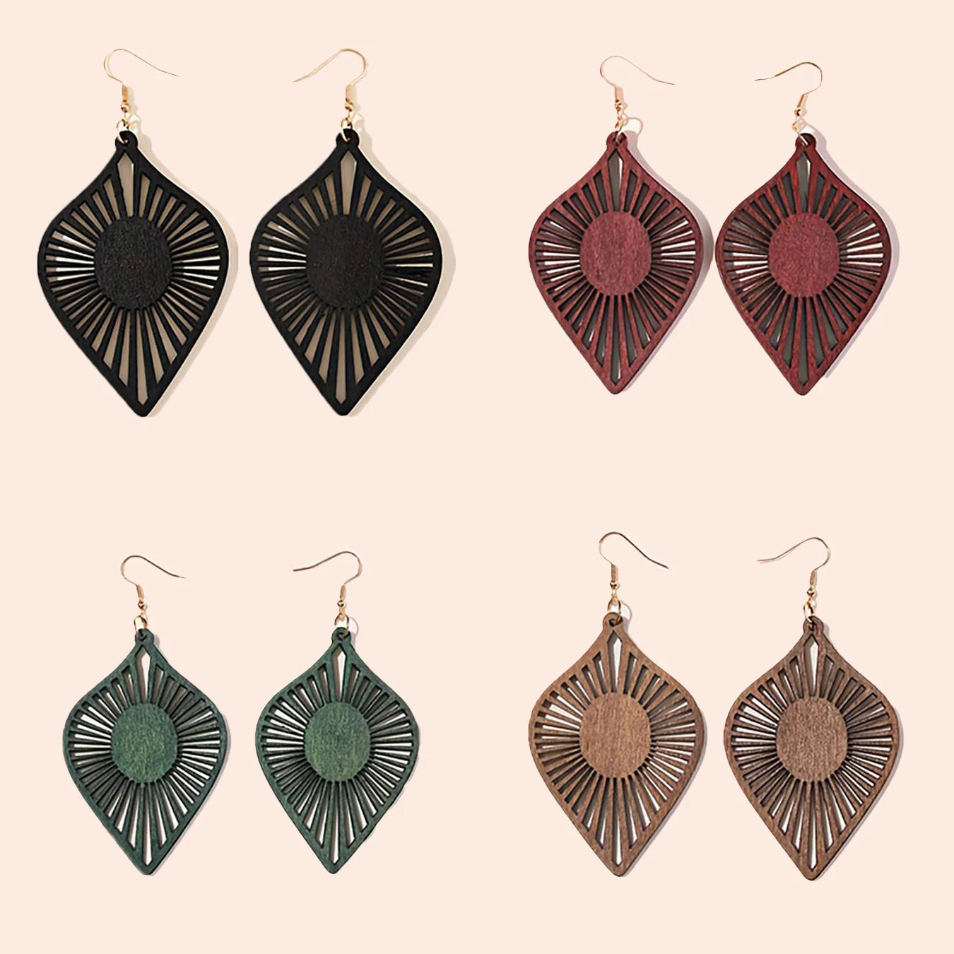 4 Pairs/Set, Retro Elegant Style, Wooden Carved Cut Out Leaf Design Women's Earring Set, Suitable for Daily Wear, Vacation, Gift Giving, Women's Holiday Earring Set, Suitable for All Seasons