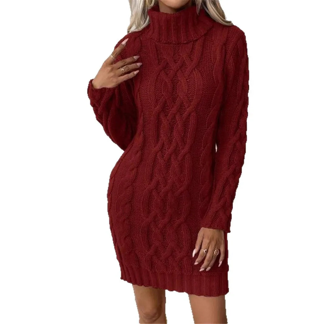 Women's Sweater Dress Autumn Winter New Slim Knit Dress Turtleneck Cable Pattern Long Sleeve Knitted Gown Dress