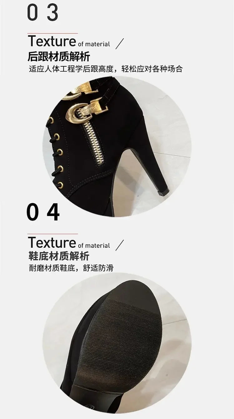 2025 New Women's High Heels, Stiletto Heels, Ankle Boots, Fashion Lace Up Side Zipper Boots, Women's Solid Color Short Boots