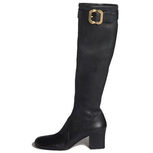 Women's New Thick High Heels Knee High Boots Autumn and Winter Round Toe Buckle Fashionable Mid Heel Boots Women's Short Boots