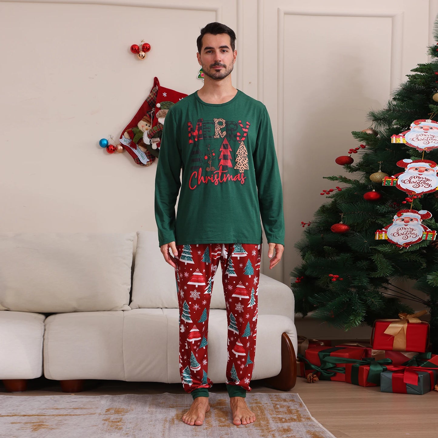 2025 New Year's Costumes Santa Tree Print Family Christmas Pajamas Set Adults Kids Matching Clothing Cute Soft Pyjamas Xmas Look