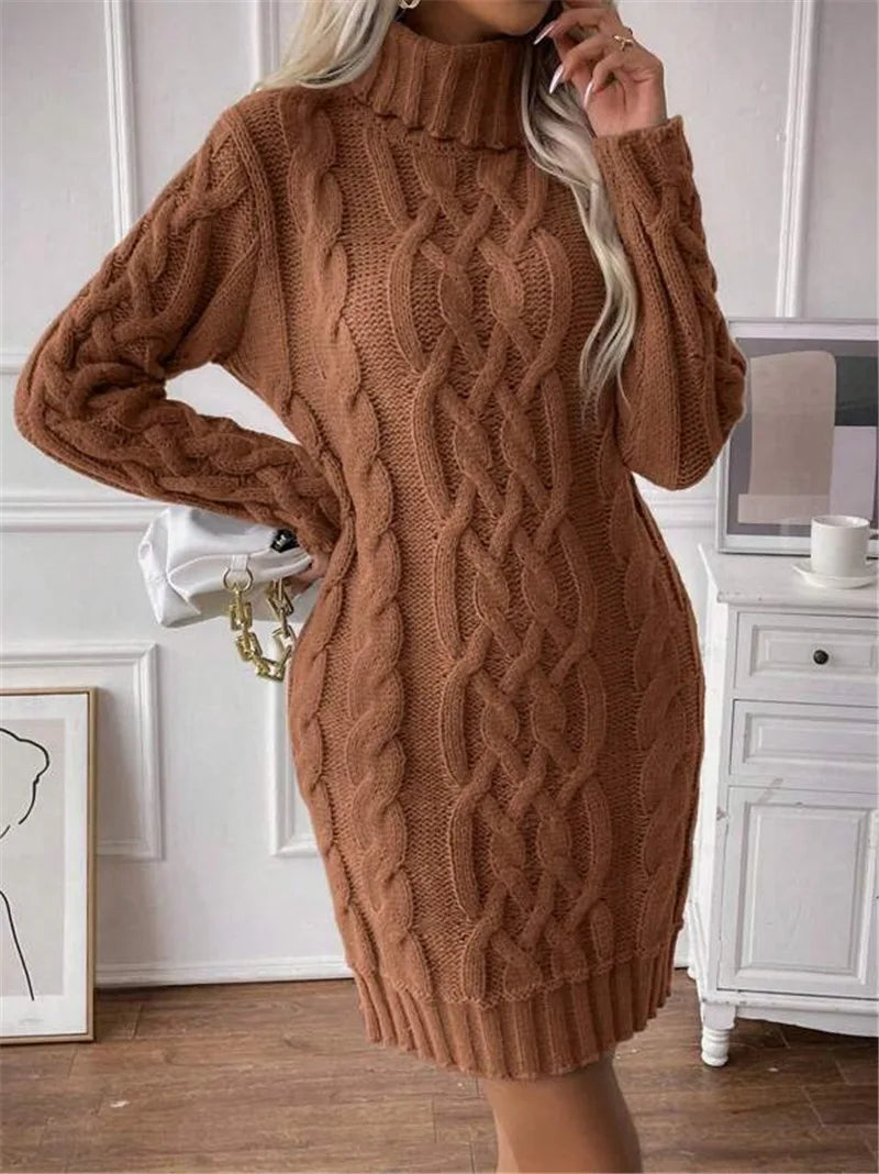 Women's Sweater Dress Autumn Winter New Slim Knit Dress Turtleneck Cable Pattern Long Sleeve Knitted Gown Dress