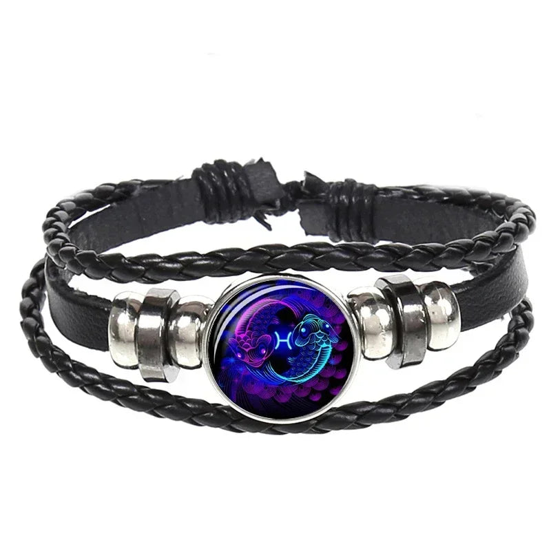 12 Constellation Zodiac Sign Black Braided Leather Bracelet Cancer Leo Virgo Libra Woven Glass Dome Jewelry Punk Men Bracelet