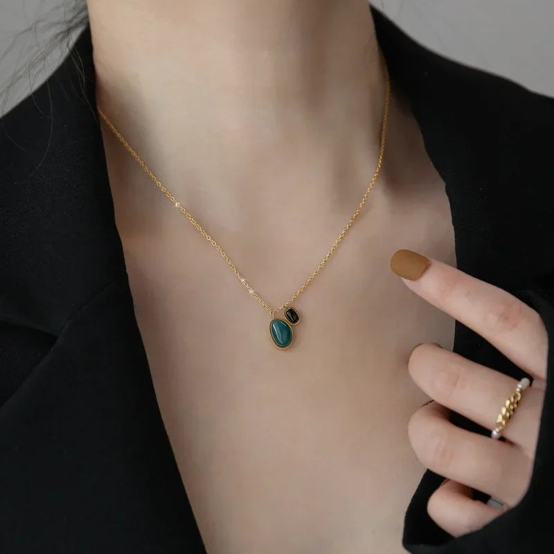 Charm Green Agate Stone Pendant Necklace for Women Retro Gold Color Stainless Steel Emerald Collar Jewelry Accessories Colorfast