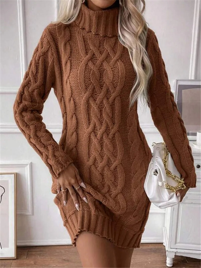 Women's Sweater Dress Autumn Winter New Slim Knit Dress Turtleneck Cable Pattern Long Sleeve Knitted Gown Dress