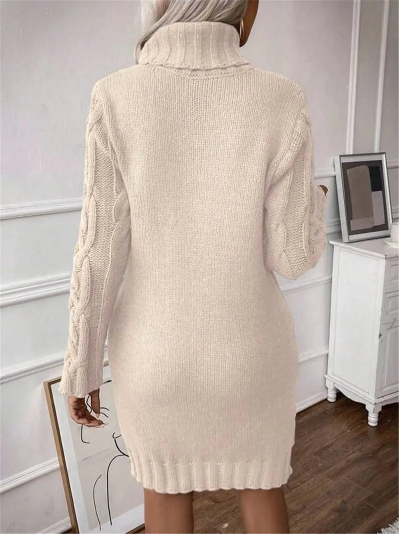 Women's Sweater Dress Autumn Winter New Slim Knit Dress Turtleneck Cable Pattern Long Sleeve Knitted Gown Dress
