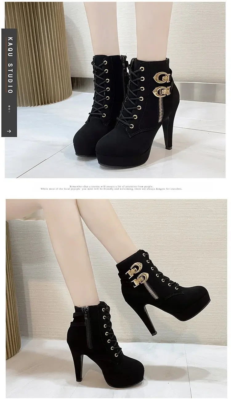 2025 New Women's High Heels, Stiletto Heels, Ankle Boots, Fashion Lace Up Side Zipper Boots, Women's Solid Color Short Boots