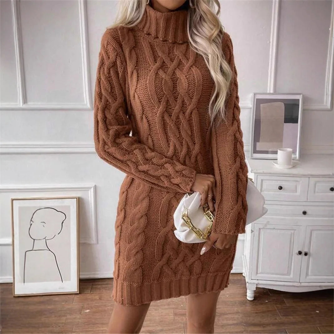 Women's Sweater Dress Autumn Winter New Slim Knit Dress Turtleneck Cable Pattern Long Sleeve Knitted Gown Dress
