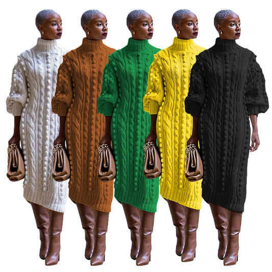 Womens Knitted Dresses High Neck Long Sleeve Sweater Dress with Split Ladies Vintage Knit Midi Dress Casual Fashion Winter