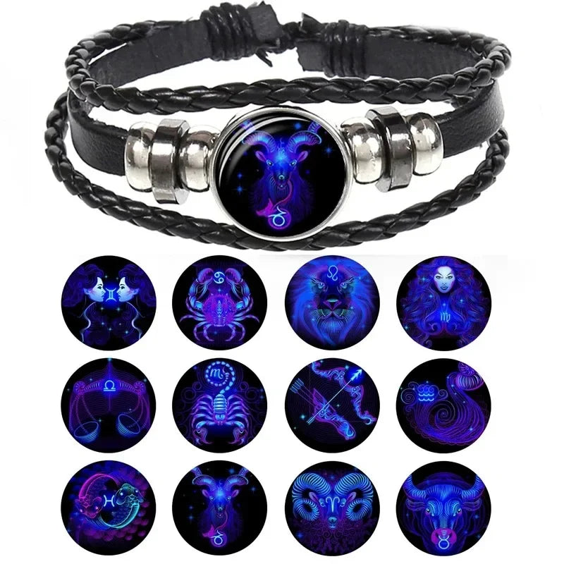12 Constellation Zodiac Sign Black Braided Leather Bracelet Cancer Leo Virgo Libra Woven Glass Dome Jewelry Punk Men Bracelet