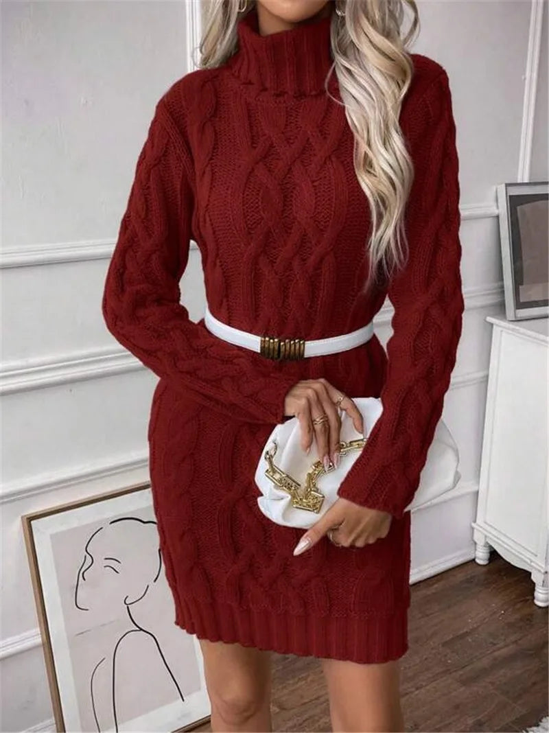 Women's Sweater Dress Autumn Winter New Slim Knit Dress Turtleneck Cable Pattern Long Sleeve Knitted Gown Dress